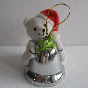 Vtg 1980's Christmas Ornament RUSS Berrie Plush White Bear Hugging Silver Bell